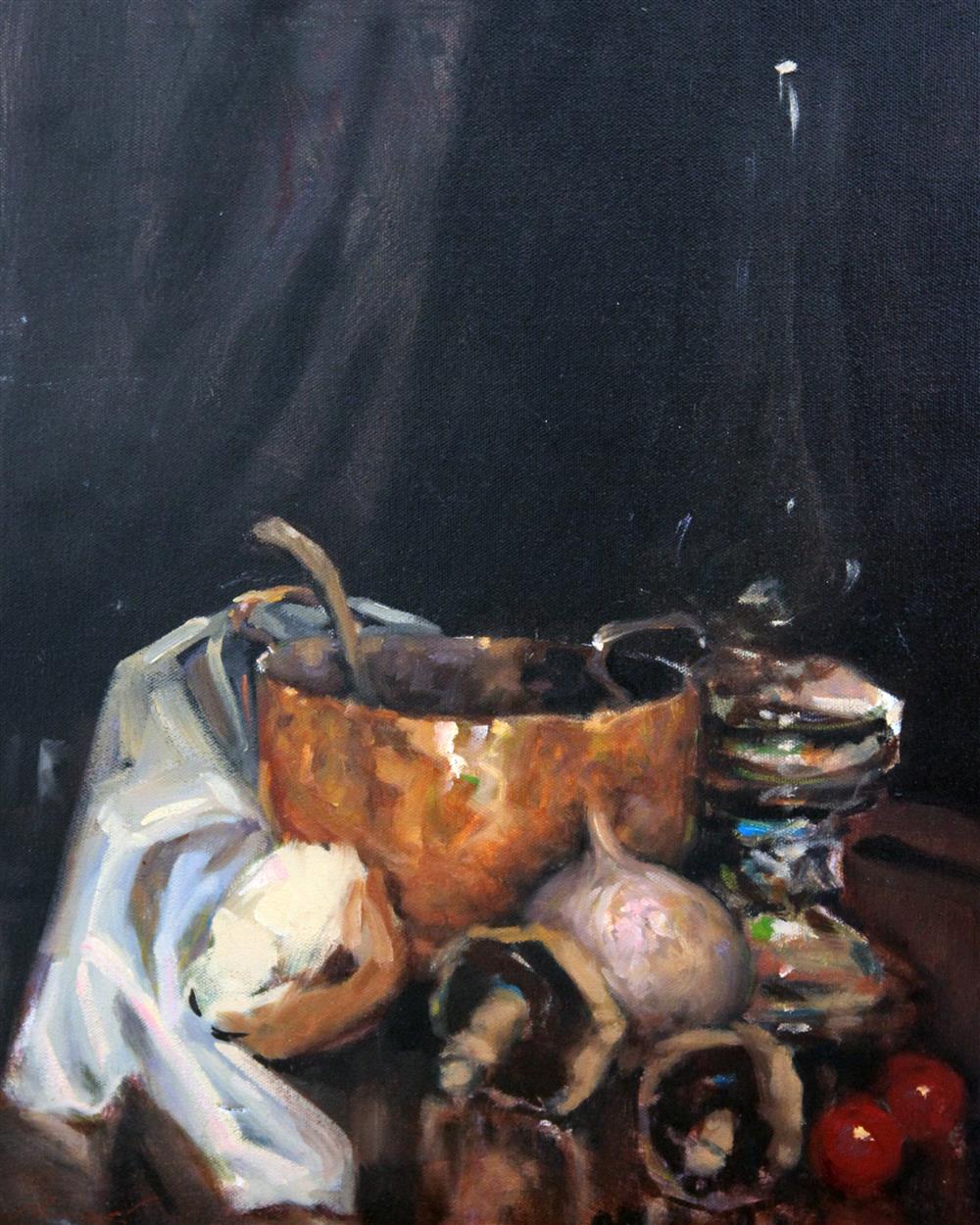 Ken Moroney (1949-), oil on canvas, Still life of vegetables and pots, 50 x 40cm, unframed